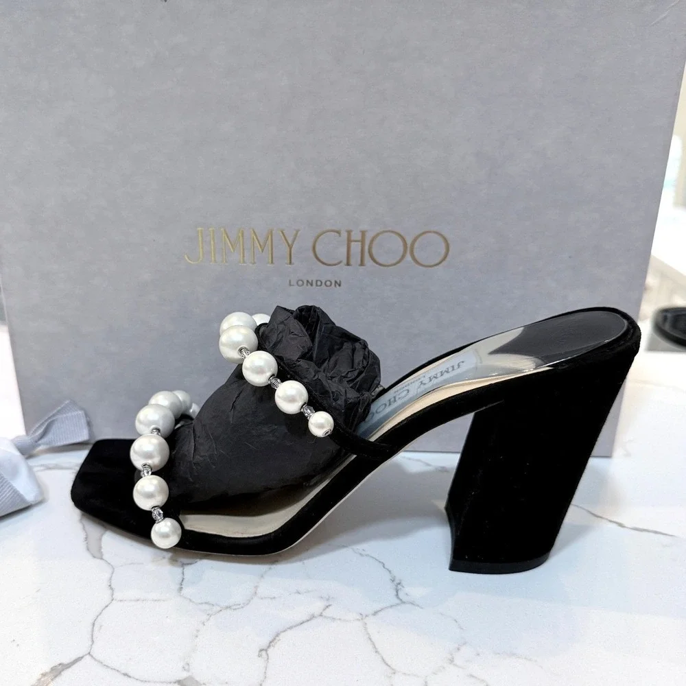 Jimmy Choo Sandals Amara 85 Black Suede Pearl  Block Heel‎ Size 40/US 10